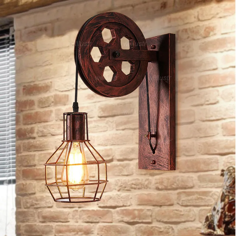 Metal Pulley Wall Lamp Industrial Lifting Sconce Loft Staircase Cafe Corridor Store Bar Bedside Retro Iron Lighting