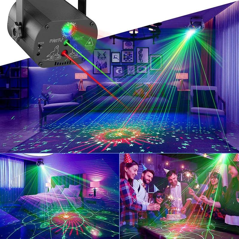 Alimentato a batteria Home Party Laser Light DJ Disco Mini proiettore Lazer ricarica USB telecomando RGB UV Stage Lighting Effect