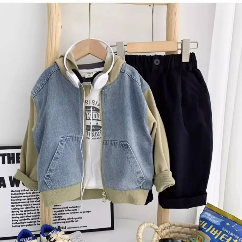 Spring Autumn Denim Jacket For Boy Girl New Korean Version Fashion Patchwork Hooded Coat Casual Children\'s Clothing