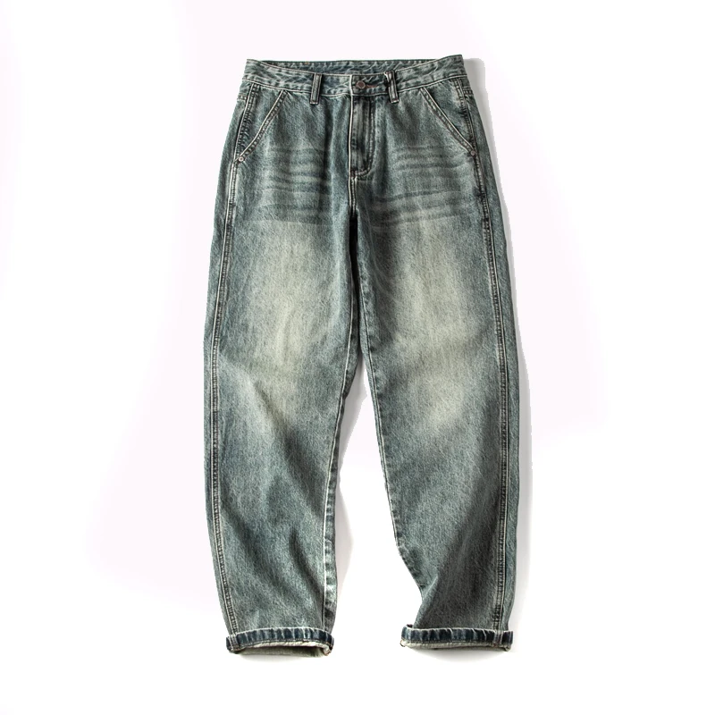 

Ретро-джинсы в японском стиле для мужчин и женщин, из чистого хлопка, модные, свободные, прямые, повседневные, весенне-осенние, с эффектом потертости