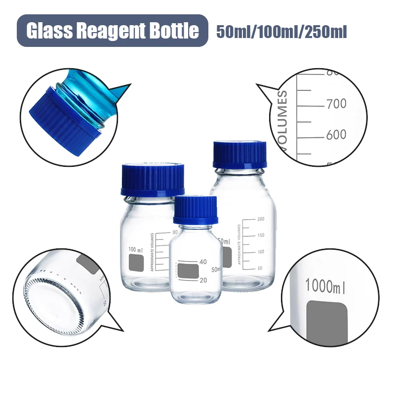 50/100/250ML Graduated Round Glass Reagent Bottle Blue Screw Cap Screw On Cover Graduation Sample Vials Plastic Lid