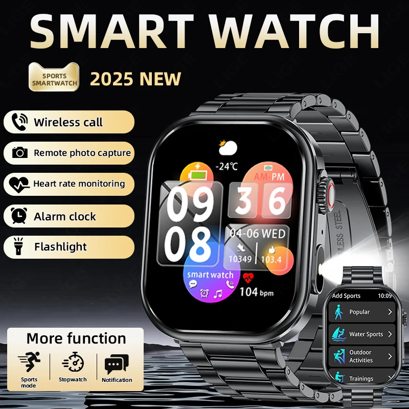 

LIGE New Smart Watch Men 2.01'' Large HD Screen Flashlight Waterproof Outdoor Watches Bluetooth Call Heart Rate Sport Smartwatch