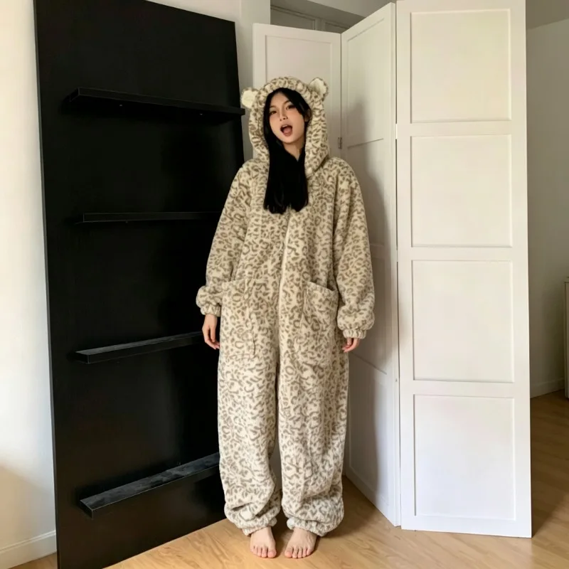 Winter Women Leopard Print Onesie Sleepwear Cute Hooded Ear Design Zip Up Warm One Piece Loungewear Jumpsuit With Side Pockets