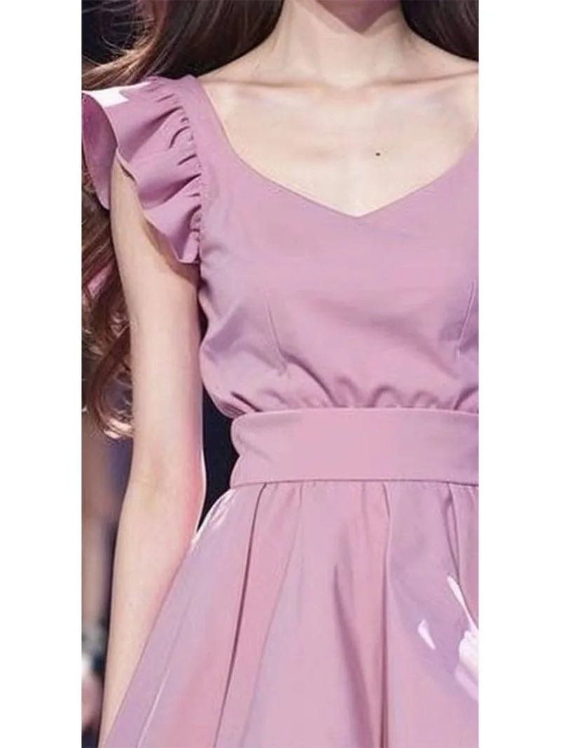 Popular Beautiful Dress 2024 Summer New Light Purple V-neck Small Flying Sleeve Waist Dresses Women