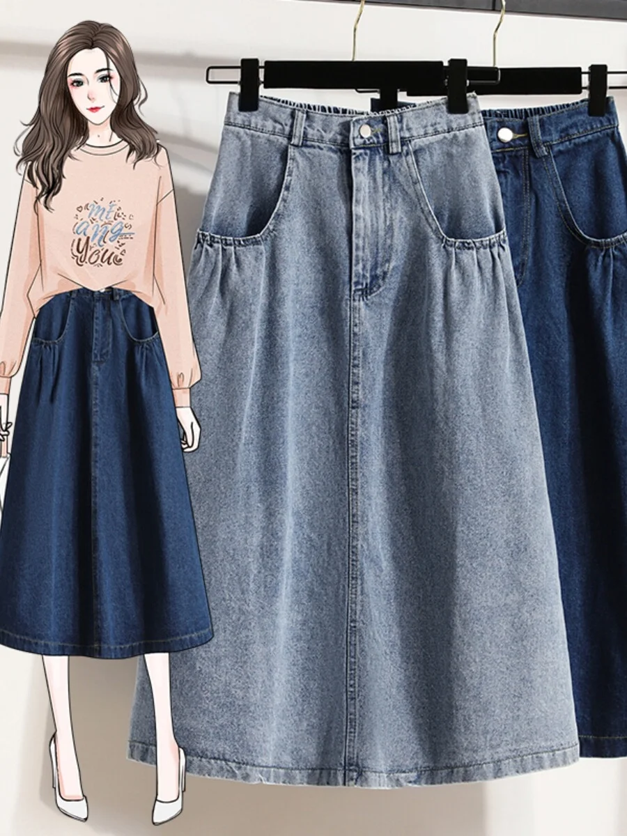 

Свободная джинсовая юбка трапециевидной формы средней длины для женщин, весенняя винтажная повседневная хлопковая юбка с высокой талией 00% для поездок на работу, простой дизайн