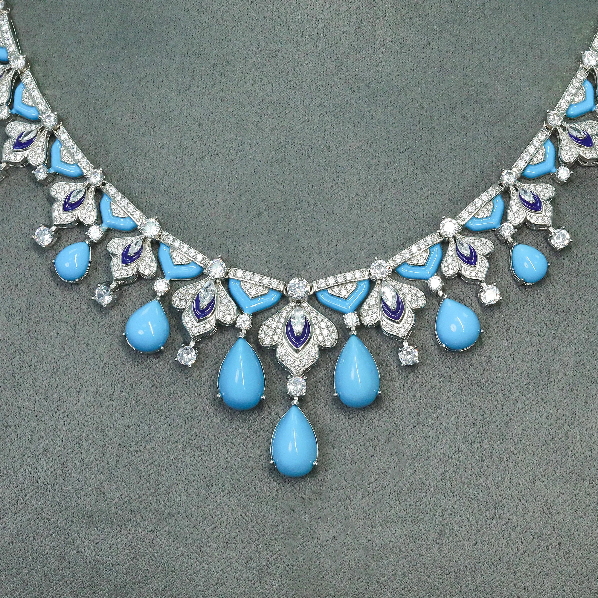 Art Deco 925 Sterling Silver Necklace 4.5ct Artificial Drop Turquoise Luxury Fine Jewelry for Women's Vacation Anniversary Gifts