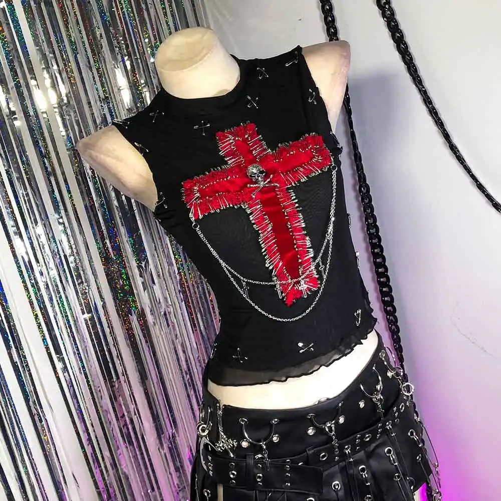 

Harajuku Cross Trendy Eco E-Girls Y2K TOPS DIY Kawaii Grunge Pin Hand Made Emo Goth Glitch Core 90s Подросток Панк Рок Готический Танк
