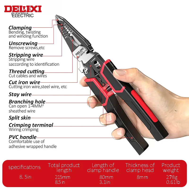 DELIXI ELECTRIC 9 in 1 Wire Stripper Pliers,Multifunctional Wire Cutters Tool for Electric Cable Stripping Cutting and Crimping