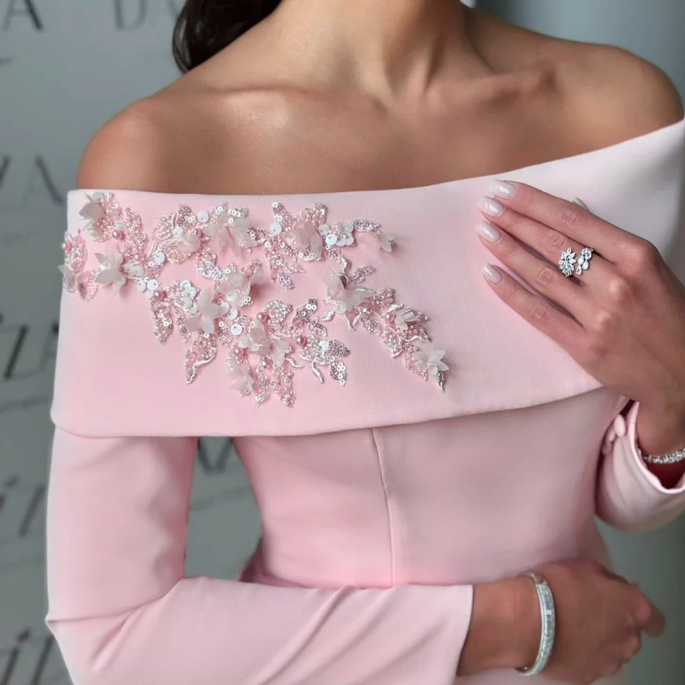 Bella Customized Pink Pearls Appliques robes de soirée One Shoulder Long Sleeves Evening Dresses Floor-Length Wedding Dress 2024 image 5