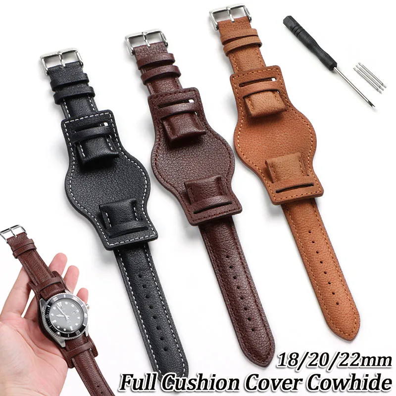 Genuine Leather Watch Strap 18mm 20mm 22mm Full Cushion Cover Cowhide Watchband Black Brown Coffee Men Women Bracelet Wristband