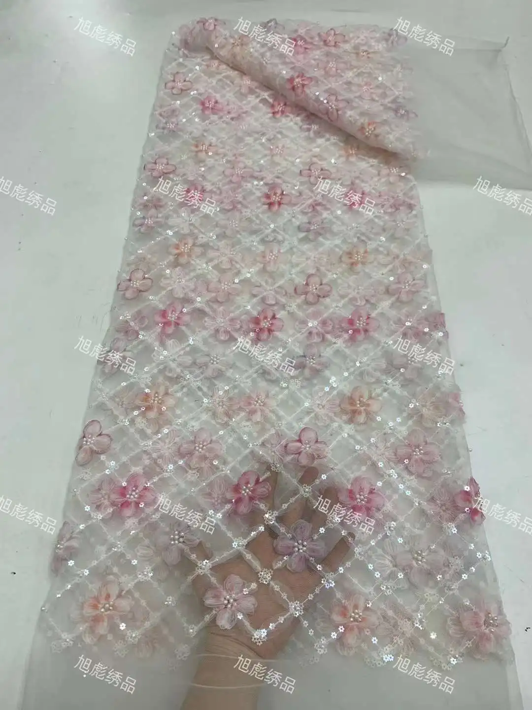 Laço bordado flor 3D, tecido frisado, lantejoula francesa, laço de tule para costura, roxo, vestido de noiva, ouro, XB58TT