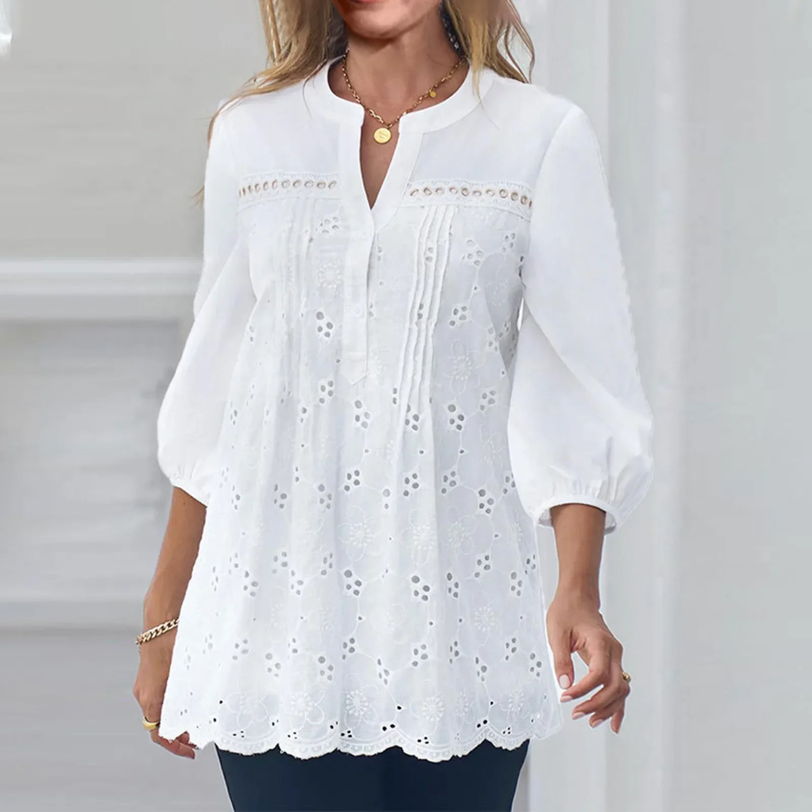 2024 Summer Women\'s Top White Shirts and Blouse Casual Loose Fit Solid Color V Neck Tops Ladies Chemises Et Blouses Para Mujer