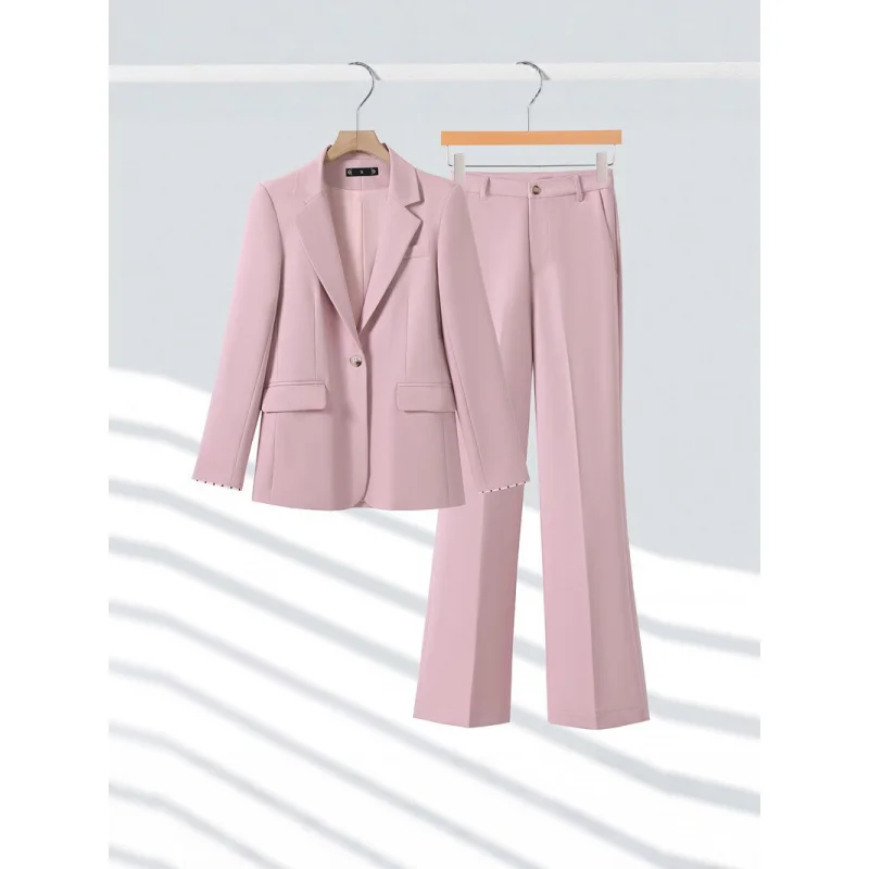 

Розовый профессиональный костюм для женщин, новый весенне-осенний стиль, элегантный укороченный пиджак и широкие брюки, комплект из двух предметов, модный.