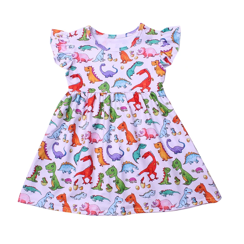 New Arrivals Baby Girls Summer Colorful Dinosaur Print Dress Milksilk Dinosaur World Short Sleeve Clothing Kids Boutique Wear