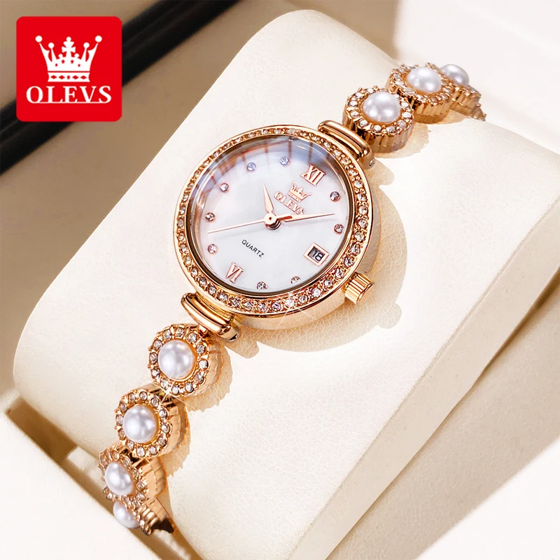

OLEVS 5635, модные элегантные женские часы, оригинальные роскошные кварцевые часы, изысканный жемчужный браслет, часы с бриллиантами, брендовые женские часы
