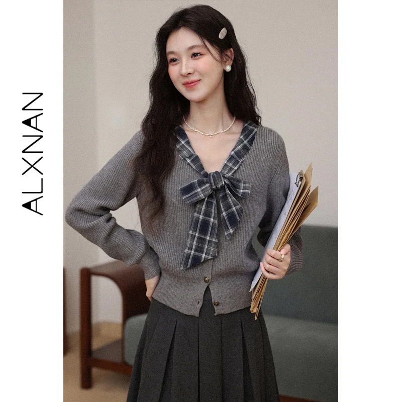 

ALXNAN Women's Cardigan Winter Gray Plaid Patchwork Bow Tie Long Sleeve Sweater Fashion Casual Elegant Female Clothes L59533