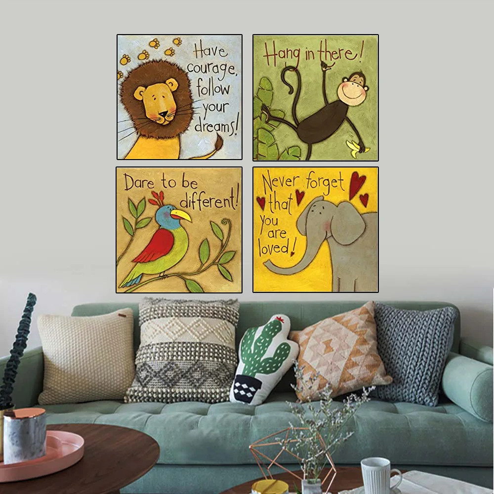 

Nordic cartoon elephant lion monkey children's room decoration canvas painting living room bedroom