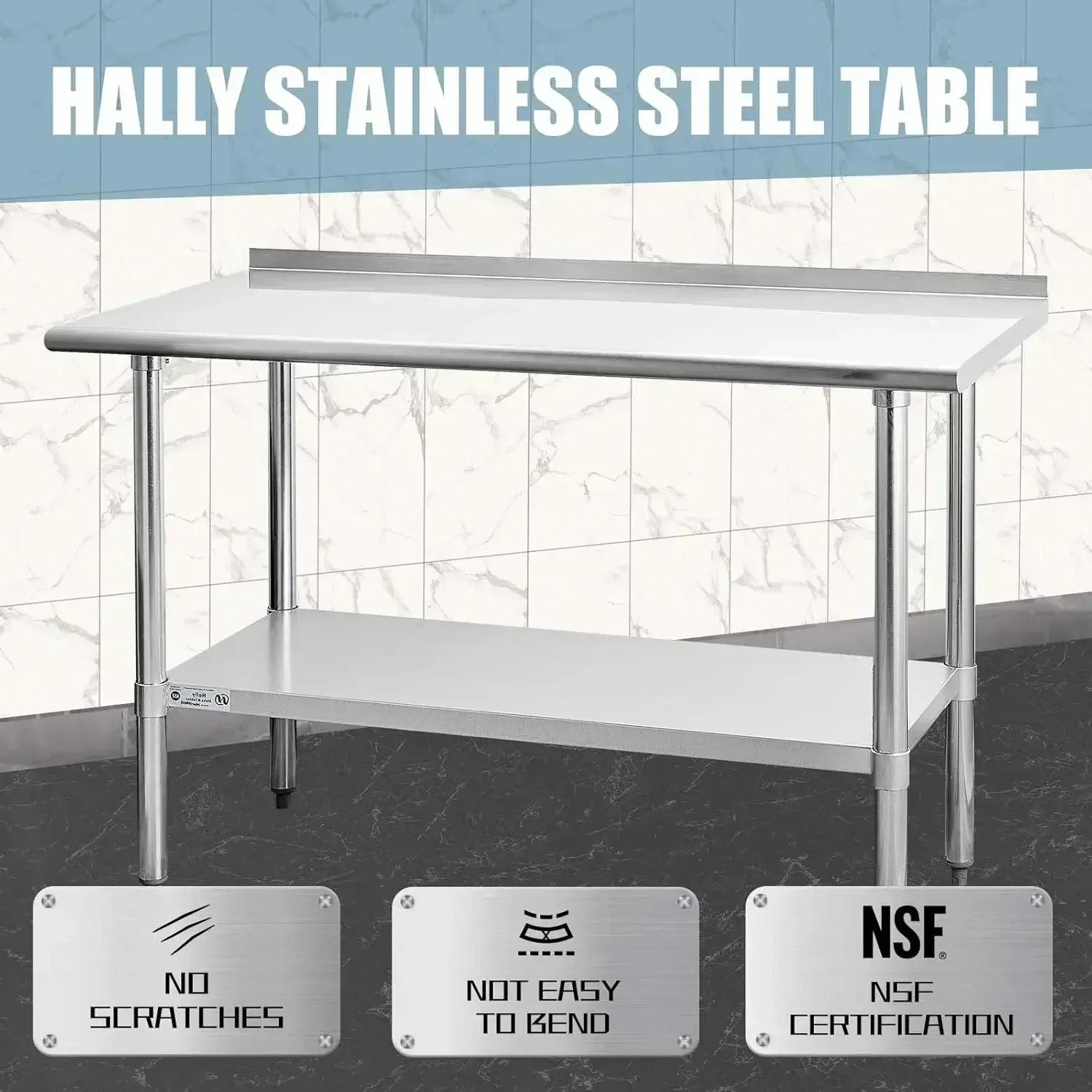 Stainless Steel Table for Prep, NSF Commercial Heavy Duty Table with Undershelf and Backsplash for Restaurant