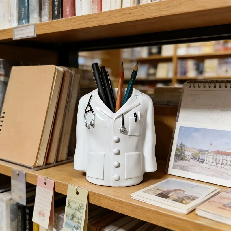 1pc Creative Doctor Coat Pen Holder Medical Theme Desktop Organizer Home Office Desk Decorative Pen Cup