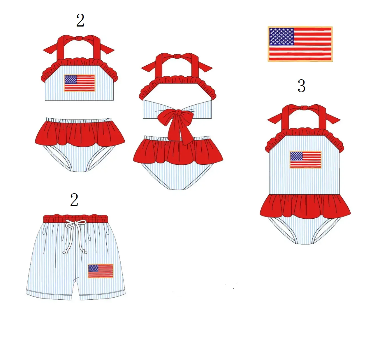 

Fourth of July Independence Day Wholesale Girls Swimsuit Beach Suit Two Piece Suit Boys Shorts Kids Bikini Swimsuit Customized