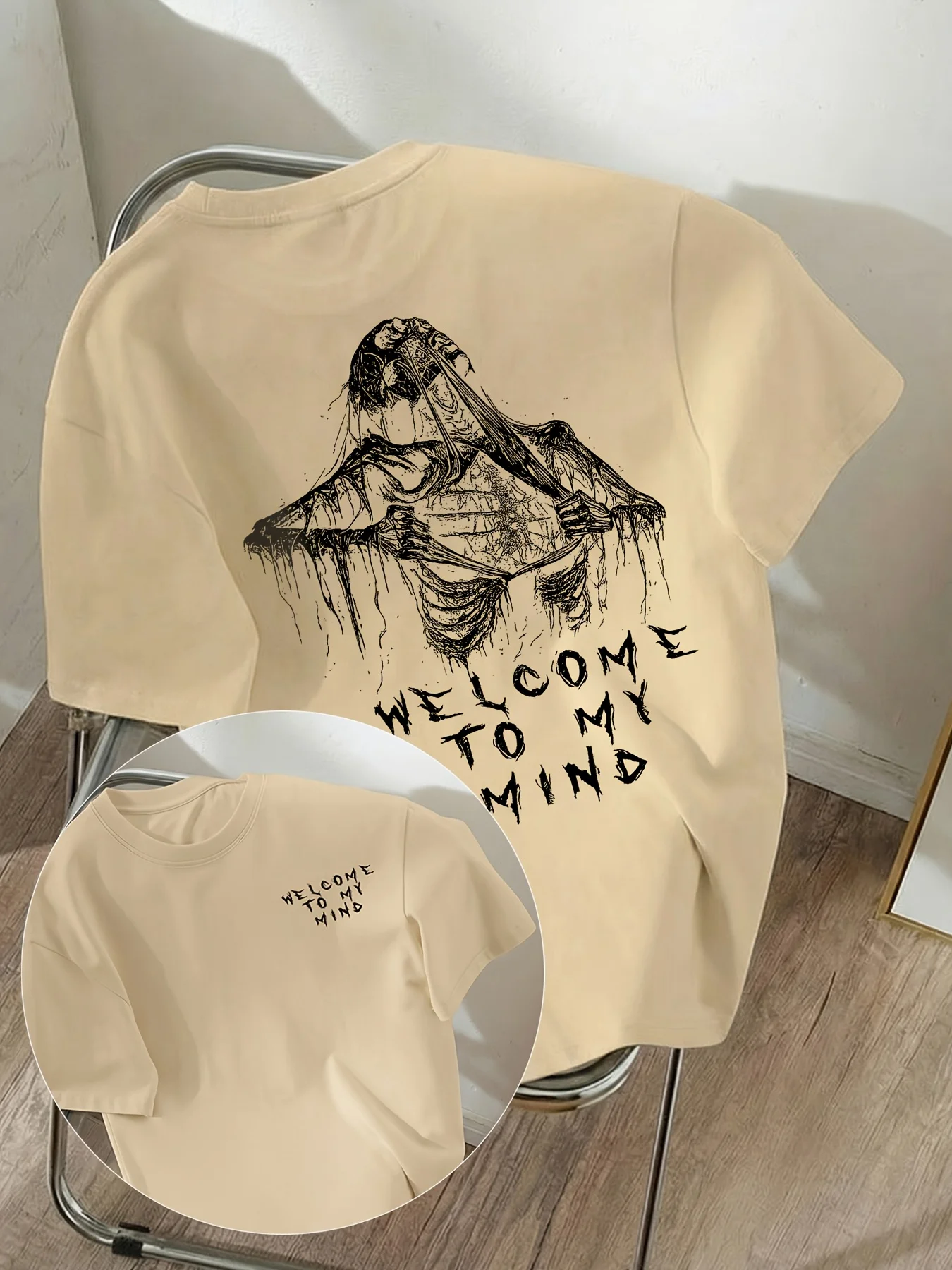 Cool Skeleton WELCOME TO MY MIND Letter Pattern Printed Women's Round Neck Short Sleeve T-shirt Suitable for Daily Wearing