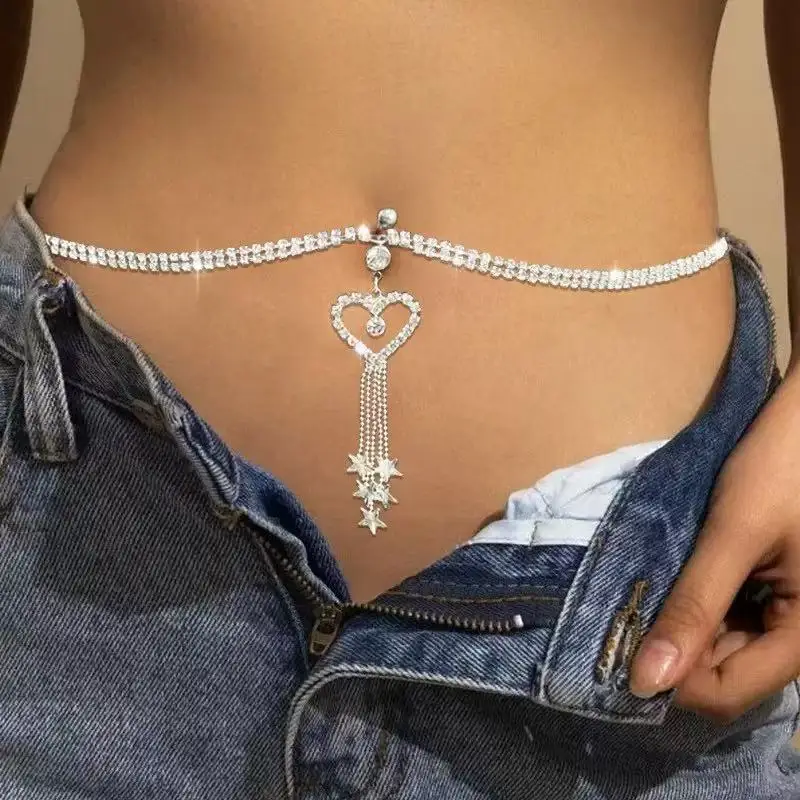 

European and American fashion tassel heart navel ring waist chain sexy hollow out peach heart rhinestone puncture body chain