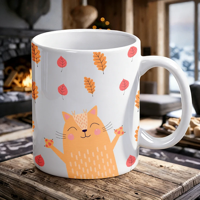 

1PCS Cute Orange Cat Fallen Leaf Ceramic Cup, Coffee Cup, Milk Cup, Office Tea Cup, Drinking Cup, Does Not Fade,Gift for Friends