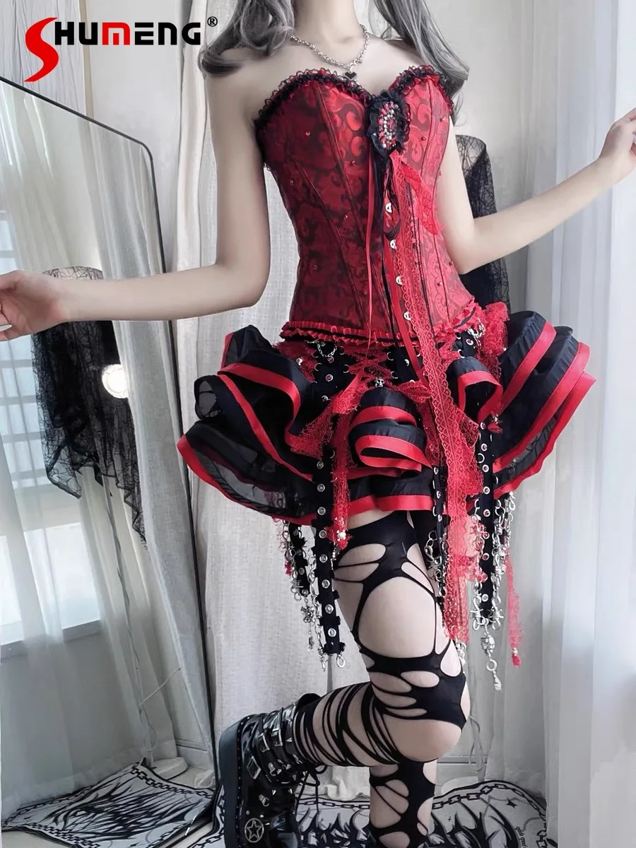 

Оригинальный корсет ручной работы Heavy Industry Rock Goth Red Fishbone + юбка, комплект из двух предметов, женская пышная юбка-тортик с цепочкой SK