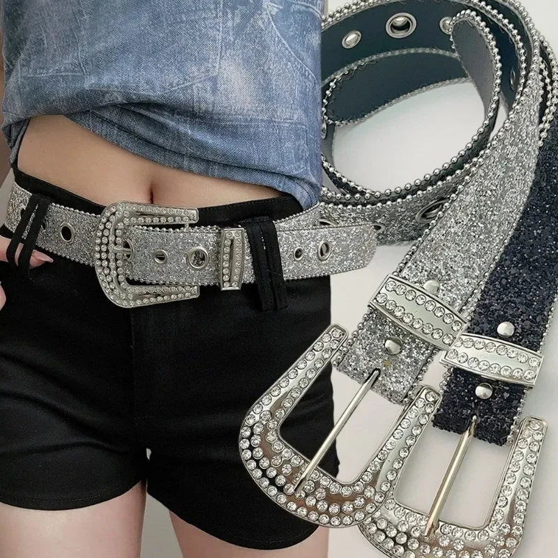American Retro Punk Belt Women Rhinestone Glitter Waistband  display picture 3