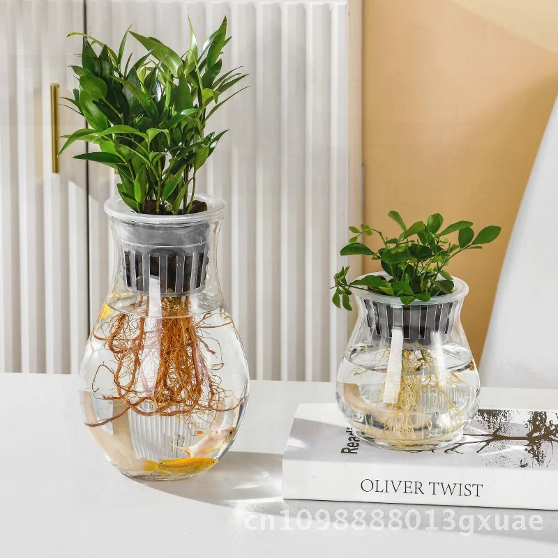 

Transparent Plastic Fish Tank Hydroponic Vase Small Aquatic Plant Container Desktop Flower Pot with Basket for Green Rose