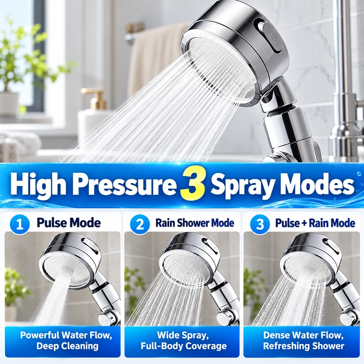 Supercharged Filtered Shower Head 3‑Speed Adjustable High‑Pressure Bath Shower and Shower Head Filter