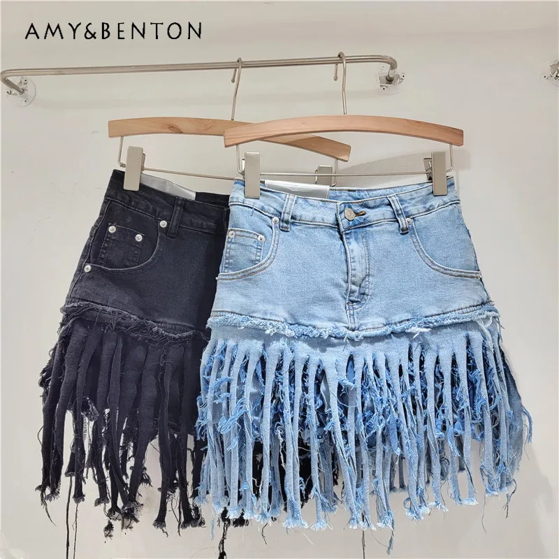 

2024 Summer New American Hot Girl Heavy Industry Retro Punk Motorcycle Tassel Skirt Female Denim Short Pantskirt Women's Clothes