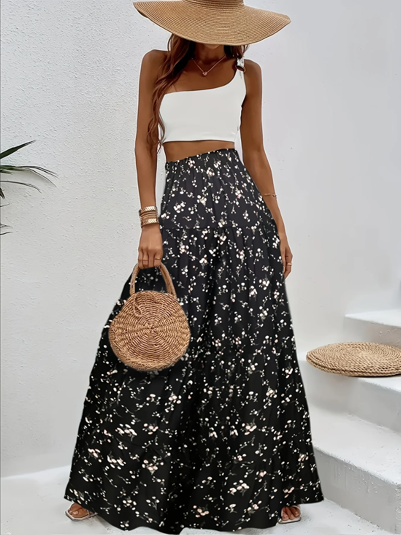 Women's Black Floral Wide-Leg Pants High-Waisted Flowy Loose Long Trousers for Summer Beach Vacation Casual Daily Wear