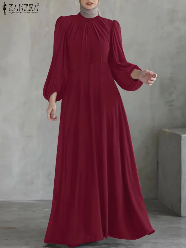 

ZANZEA Islamic Lantern Sleeve Party Maxi Dress Women Elegant Modest Fashion Muslim Vestidos Fitted Waist Hijab O-Neck Abaya Robe