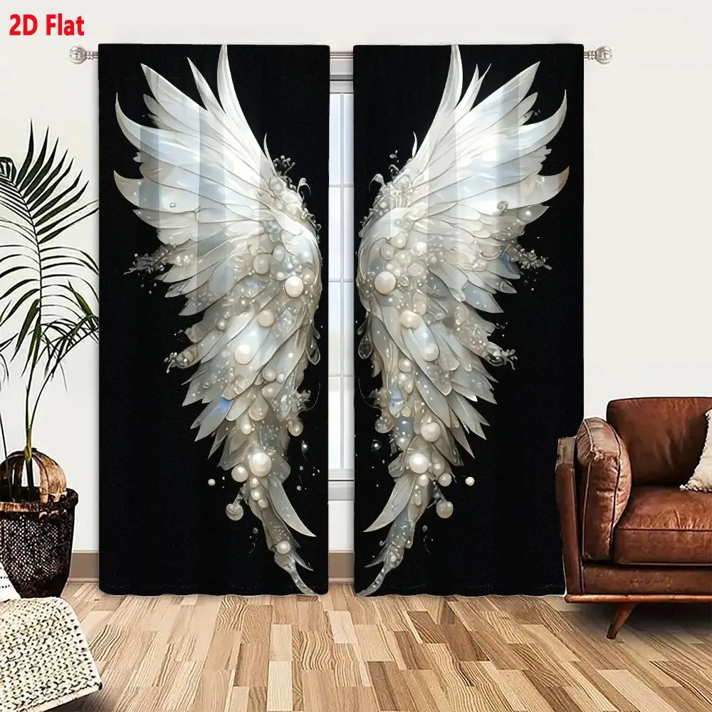 2Pcs Curtains 2D Flat Ornate White Feather - Like Wings With Pearls & Sparkling Accents Translucent Delicate Ethereal Glittering