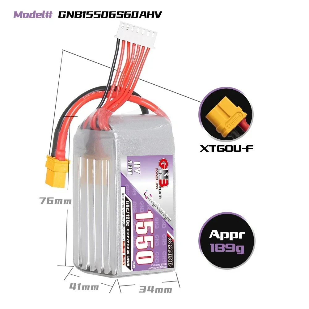 GNB 7.6V/11.4 v15.2 V/22.8V 1550mAh/1700mAh 60C 2S/3S/4S/6S batteria LiHV con spina XT60 per parti di elicotteri FPV Drone RC