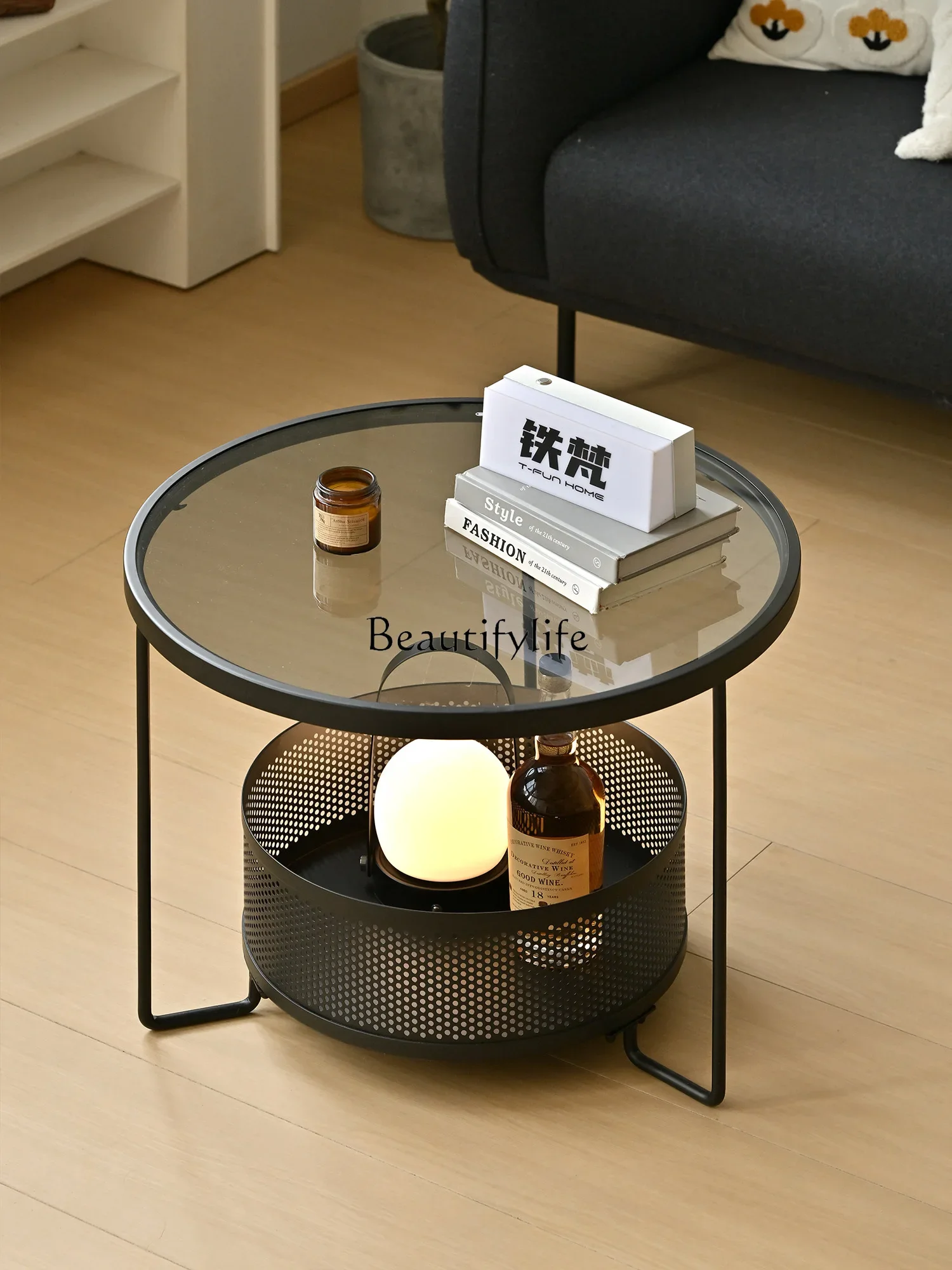 

yj32 Simple small apartment living room round coffee table tempered glass cream style coffee table