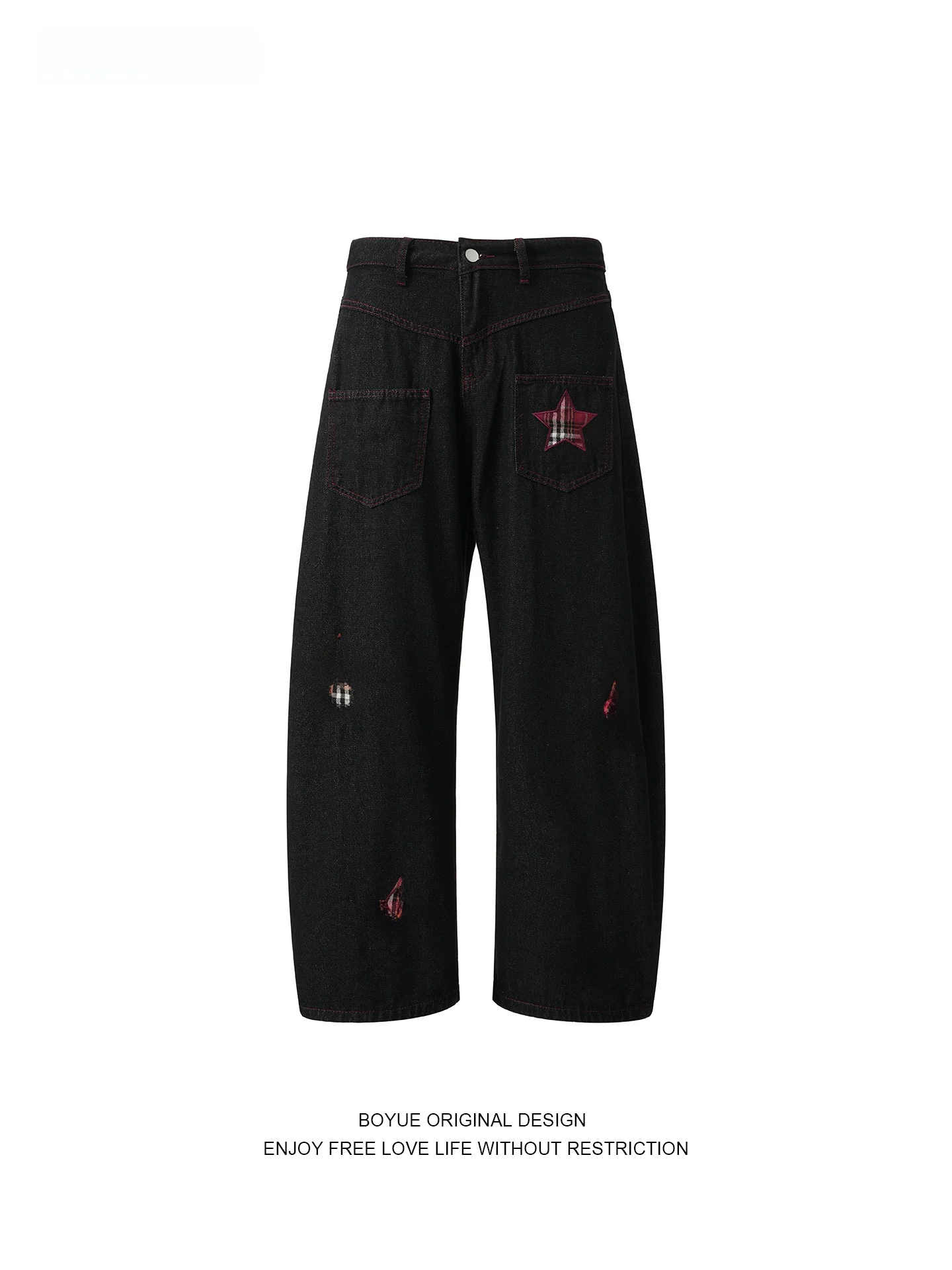 

Boyue Men's High Street Sle ket Denim Jeans Star Embroidery Reverse Wear Hong Kong Trend Loose Leg Pants Casual Leisure