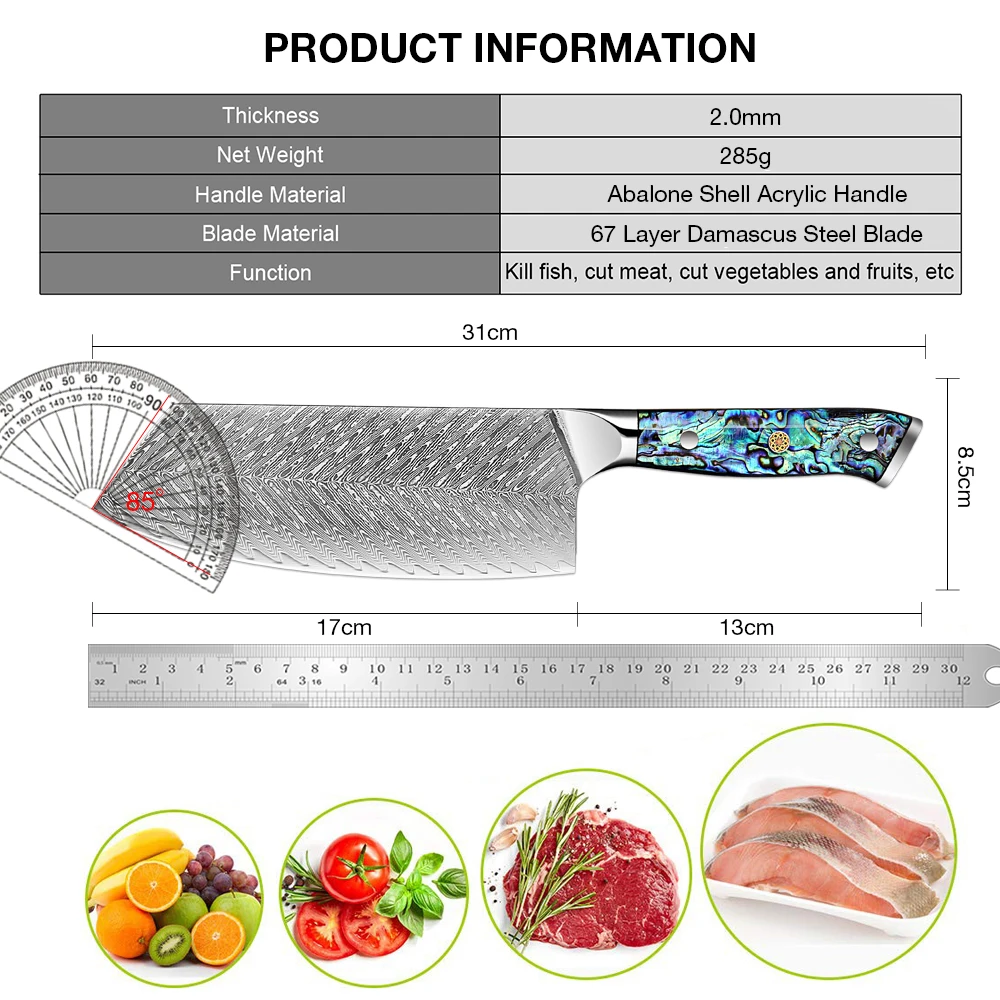 XITUO 7 Inch Cleaver Knife 67 Layers Damascus Steel Sharp Professional Kitchen Knife Cooking Knife Abalone Shell Acrylic Handle