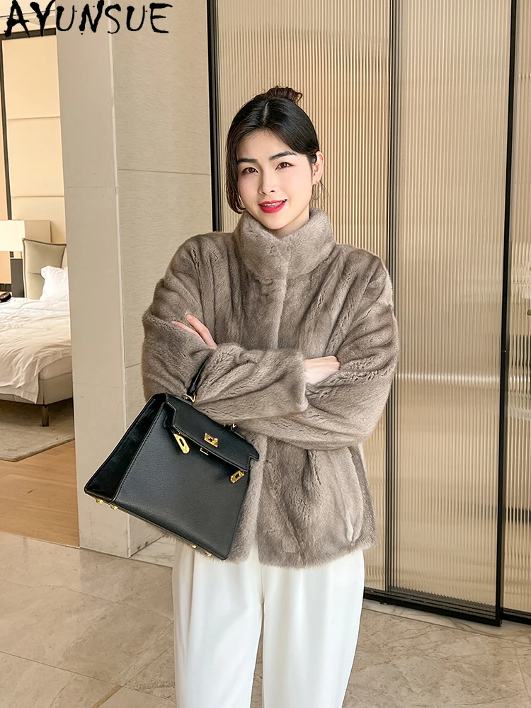 AYUNSUE Куртка из натурального бархата норки с воротником-стойкой Роскошная куртка из цельной норки для женской одежды Высокое качество Кофта С Мехом