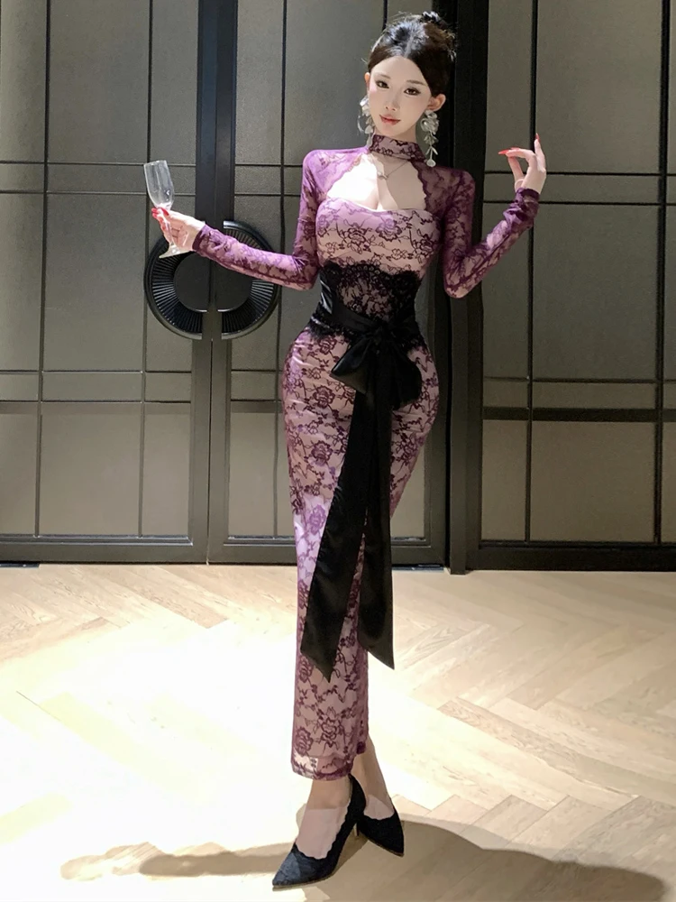 Robe de soirée élégante en dentelle violette pour femmes, moulante, avec nœud, découpes, fente au dos, serrée aux hanches, luxueuse, pour événement, fête, bal de promo