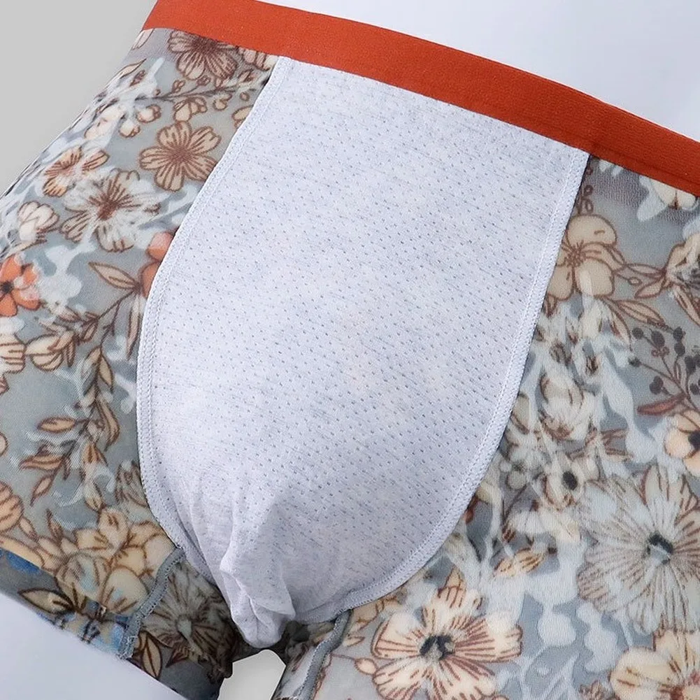 Men Retro Flowers Print Mesh Flocking Boxer Shorts Bulge Pouch Underwear Trunks Breathable Male Underpants Sleep Sports L-3XL