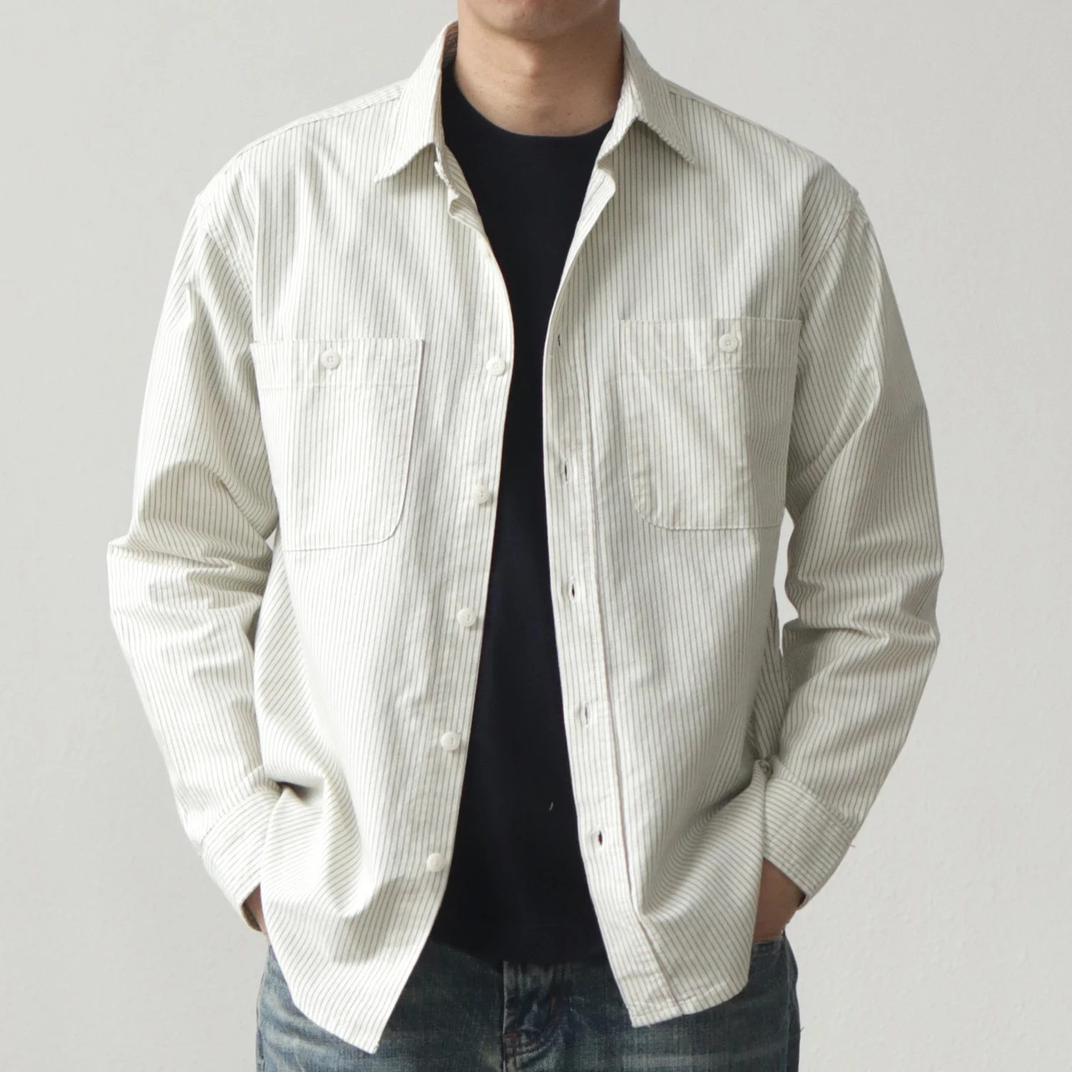 Spring and autumn pinstripe shirt men long sleeve cleanfit spring all match American retro loose casual shirt jacket