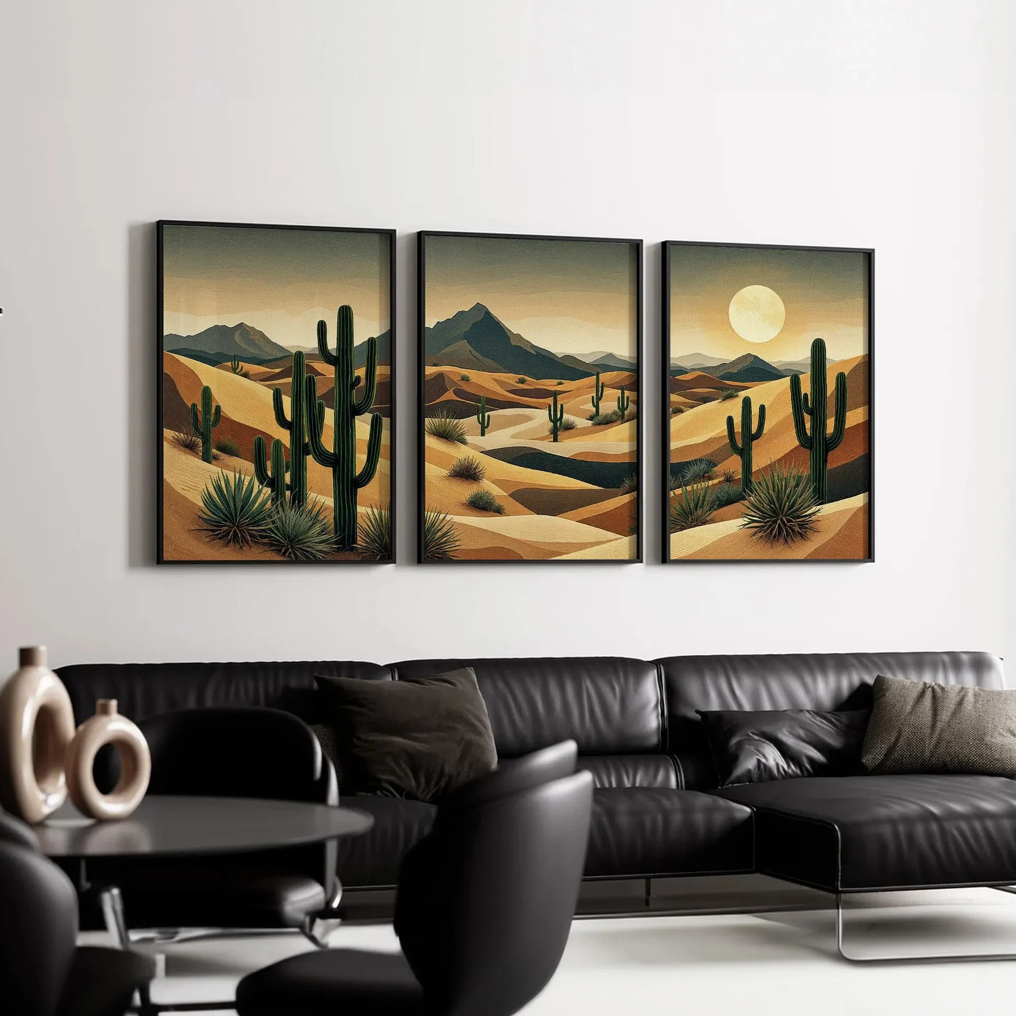 Southwestern Wall Art Set of 3 | Desert Cactus Landscape Triptych with Sun and Sand Dunes | Rustic Modern Nature Wall Decor