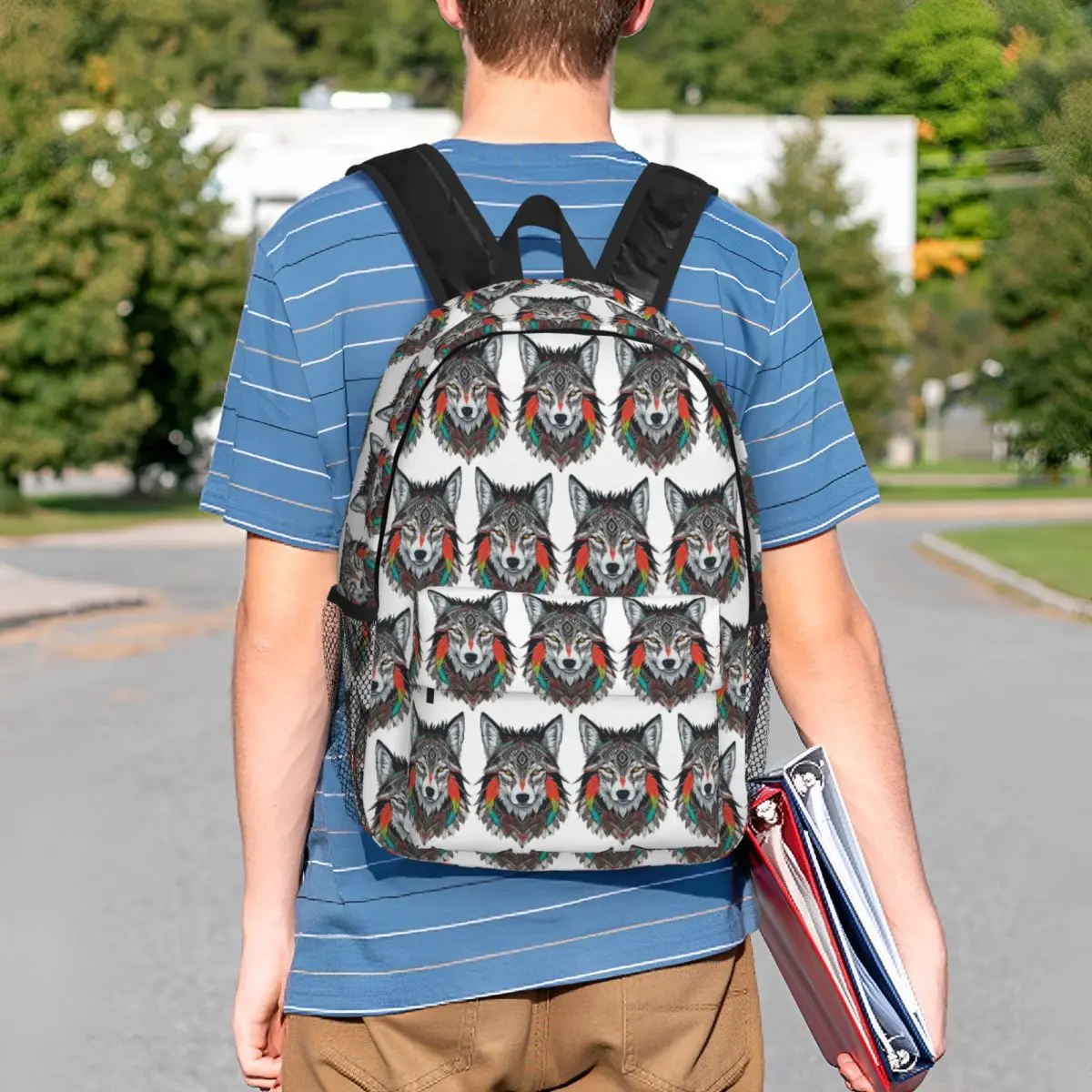 Ethnic Wolf Tradition Wolf Feather Backpack Student BookBag Children School Bag Computer Shoulder Bags for Boys Girls