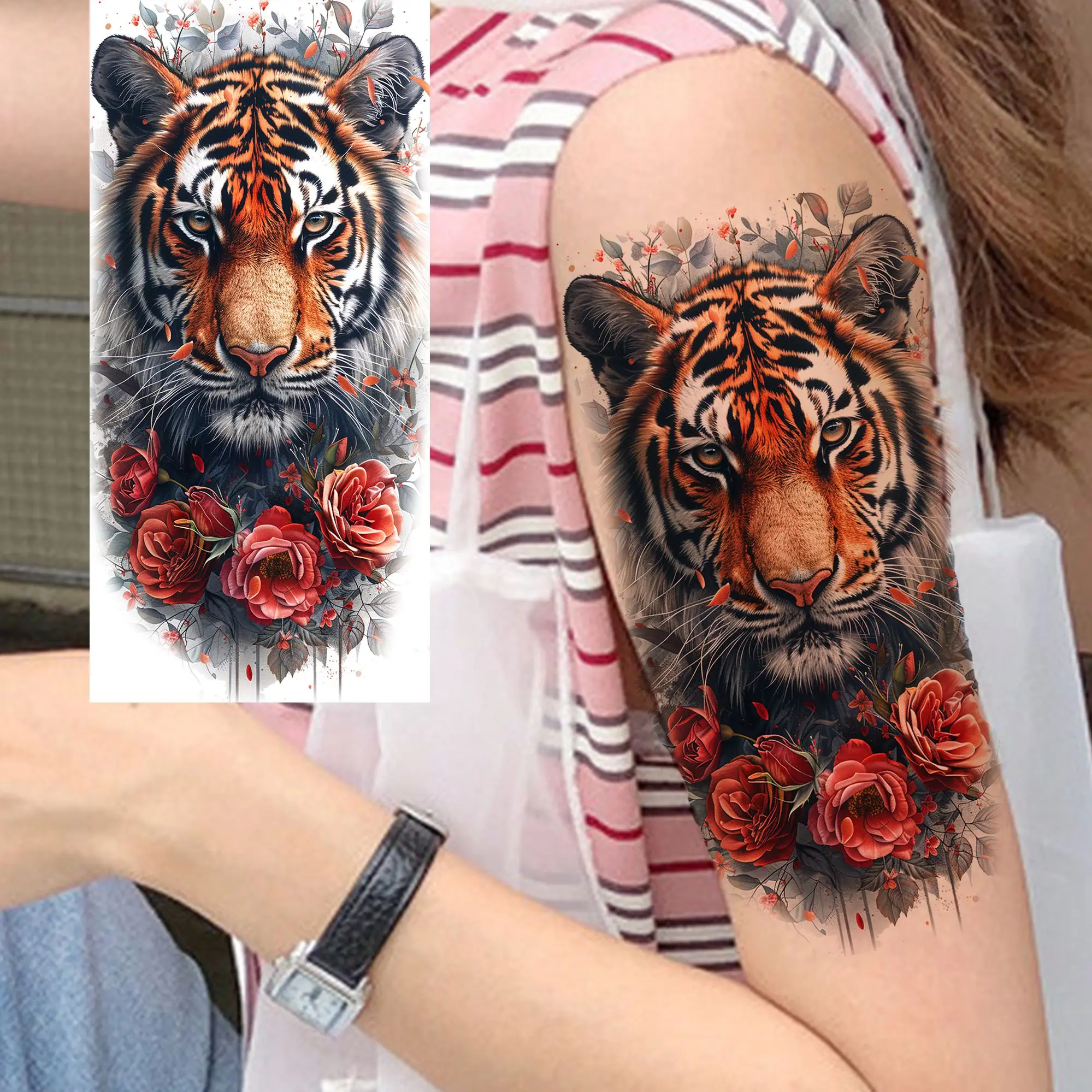 1 Sheet Watercolor Tiger Flowers Temporary Tattoos For Women Girls Realistic 3D Butterfly Tatoos Waterproof  Fake Tattoo Sticker