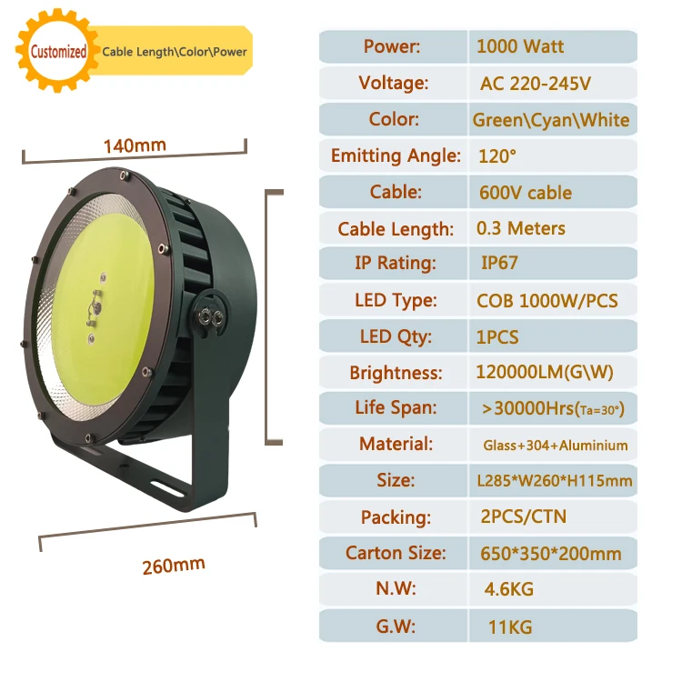 1000W Red White Cyan Green Waterproof Attract Squid Flood Lights Luring Fish Over Water