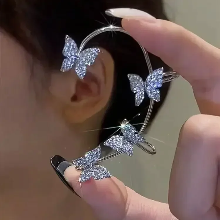 Clip Earrings Silver Color Metal Butterfly Ear Clip Without Piercing for Women Sparkling Zircon Ear Cuff Wedding Fashion Jewelry