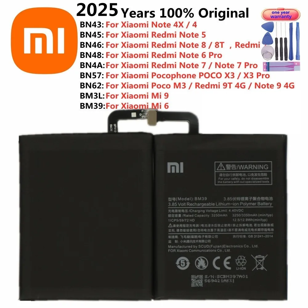 2025 Year Xiao Mi Original Battery For Xiaomi Redmi Note 4X 4 8 8T 6 7 Pro 9 Redrice 9T Mi6 Mi9 Pocophone Poco M3 X3 Pro Battery