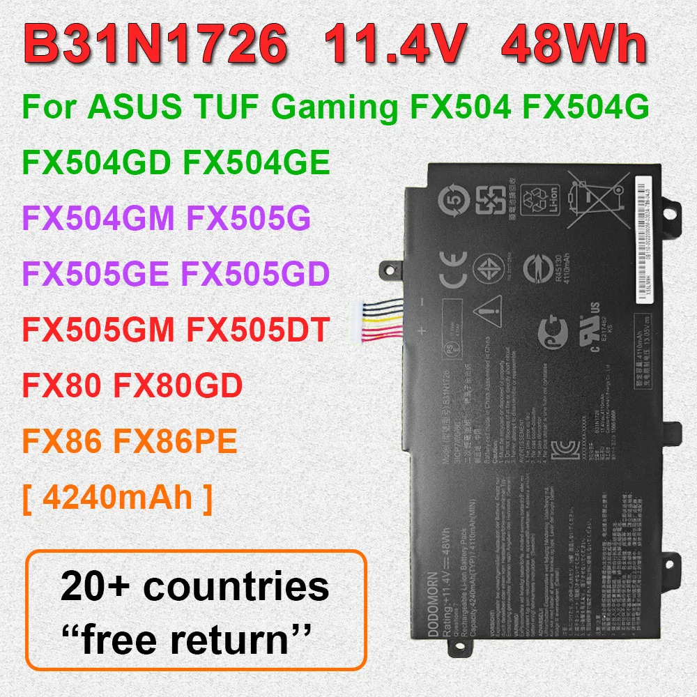 

B31N1726 Аккумулятор для ноутбука ASUS TUF Gaming FX504 FX504G FX504GD FX505GD FX505GM FX505GE FX505DT FX80 FX80GD FX86 11,4 В 4240 мАч